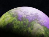 An alien planet with purple and green swirling clouds.