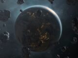 Planet earth surrounded by asteroids in space.