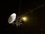 Illustration of a spacecraft navigating through the vast universe against a starry backdrop.