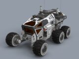 A white and black vehicle on a gray background