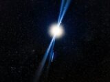 A radiant starburst illuminates the vast galaxy, casting blue rays through the star-filled night sky.