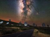 Observatory domes under the milky way at night.