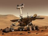 Mars exploration rover conducting research on Martian surface, showcasing technology and science.