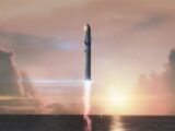 A stunning rocket launch at sunset, with clouds and ocean in the background, creating a dramatic scene.