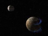 two planets in the sky with blue flames coming out of them