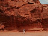 person walking near brown rock