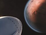 A detailed view of a spaceship approaching Mars, highlighting interplanetary exploration.