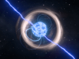 Artistic depiction of a neutron star with intense magnetic field in space.