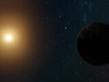A celestial scene with a glowing star and a distant planet against a starry background.