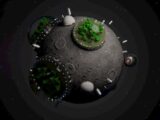 A stylized moon with green domes and structures in space.