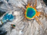 Stunning aerial shot of Grand Prismatic Spring in Yellowstone National Park.